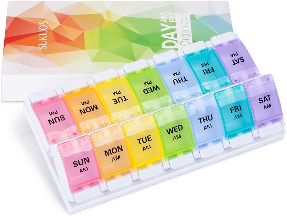 AM PM Weekly 7 Day Pill Organizer, Sukuos Large Daily Pill Cases Pill Box with Easy Push Button Design for Pills/Vitamin/Fish Oil/Supplements (Rainbow): Health & Personal Care