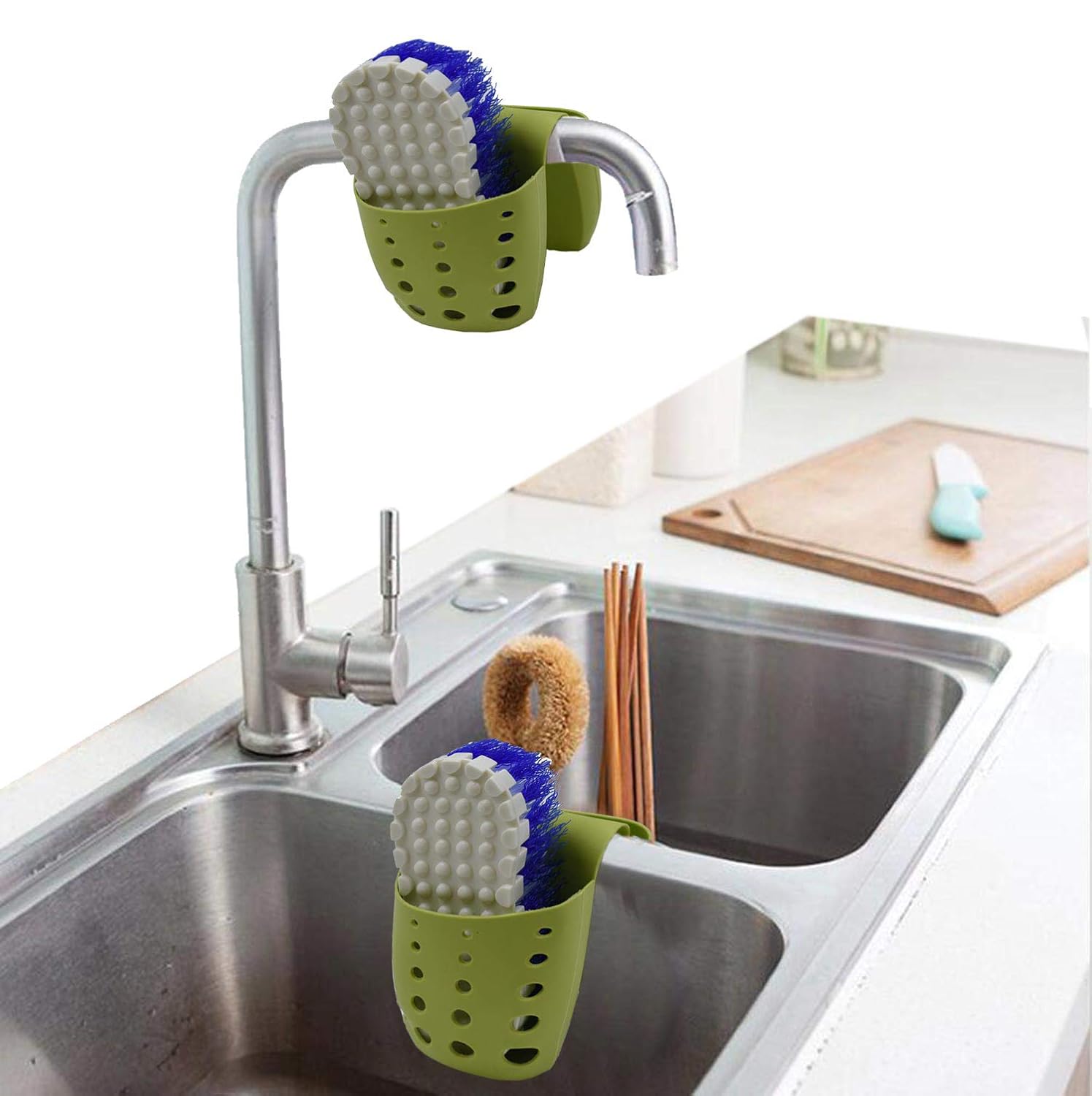 2 Pacakge Double Saddle Kitchen Sink Caddy Sponge Holder Organizer Bathroom Hanging Strainer Storage Holder Bag Sponge Towel Draining Rack Cleaning Brush Toothbrush Holder Organizer Pvc Rubber Green Kitchen Storage Organization