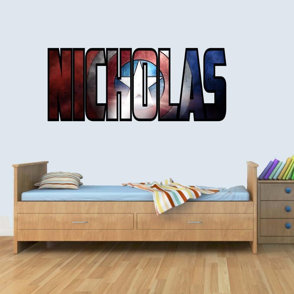 L Personalised Marvel Shield Childrens Name Stickers Wall Art Decal Vinyl for Boys/Girls Bedroom