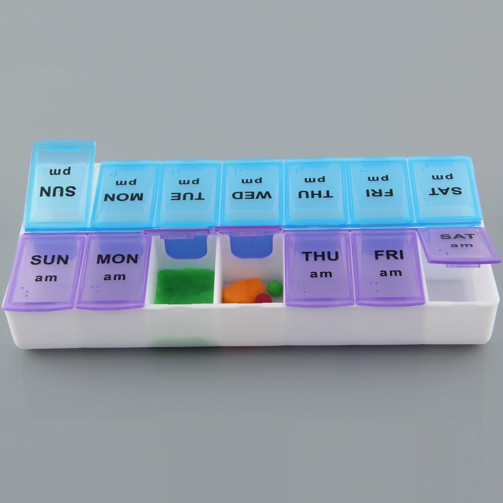 14 Compartments Medicine Pill Storage Box Plastic 7 Days Pill Tablet Dispenser Weekly Am Pm Pill Box 2 Times Daily Small Pill Organiser for Travel Business Household Pill Holder Box