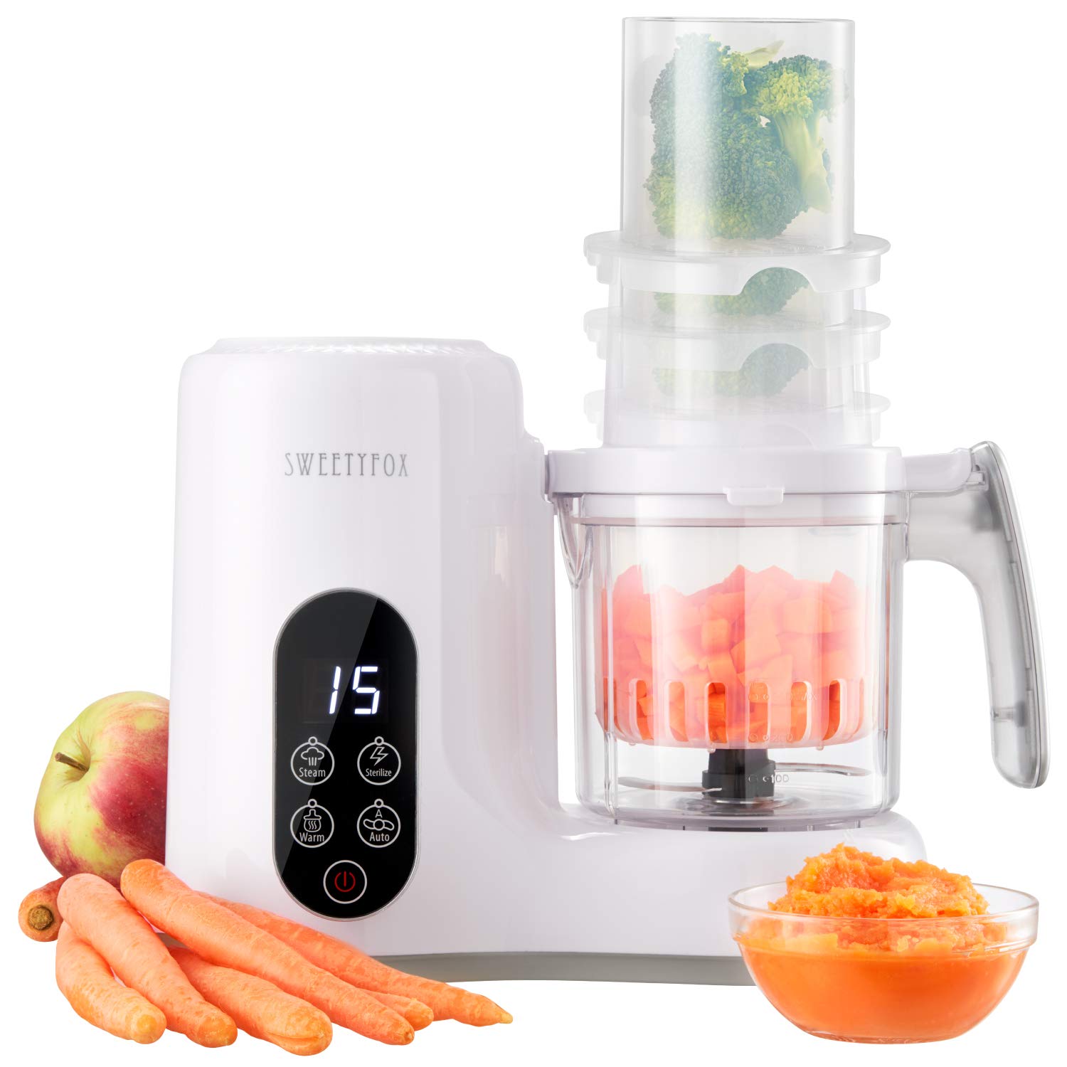 Sweety Fox - Multifunktions-Babynahrungszubereiter 6-in-1 - Dampfgarer, Mixer, Pulse, Automatische Reinigungsfunktion, Sterilisator, Aufwärmen, Auftaufunktion - Breikocher Multifunktion