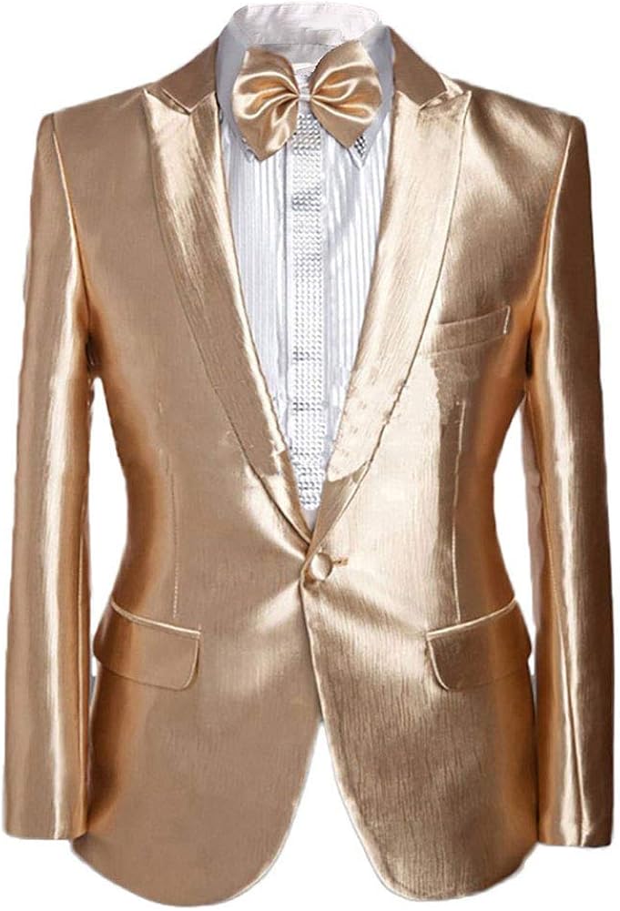 Boyland Mens Unique Blazer Peak Lapel One Button Elegant Single Breasted Satin Shiny Tuxedo Jacket Party Prom
