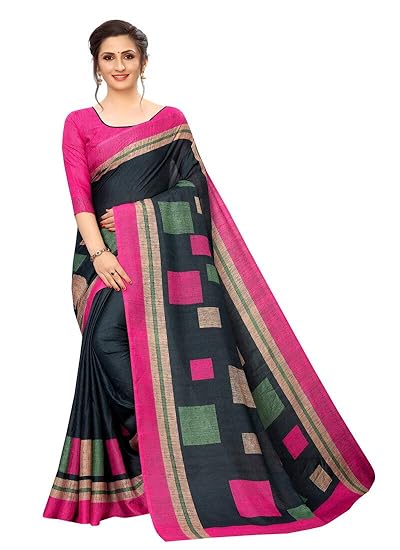 Rajeshwar Fashion With Rf Linen Jute Soft Cotton Art Silk Zari Border Work Printed Saree With Blouse Material(VEERA 03 BLACK SQUARE_Multi-Coloured_Free Size 6.20 Meters)