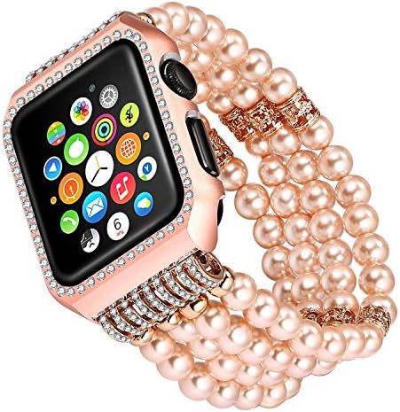 Apple Watch Band Replacement, Solomo Luxury Bling Diamonds Metal Case with Handmade Elastic Stretch Bracelet iWatch Strap Gilrs Women Rhinestone Wristband for Apple Watch Series 3/2/1 (42MM Pink)