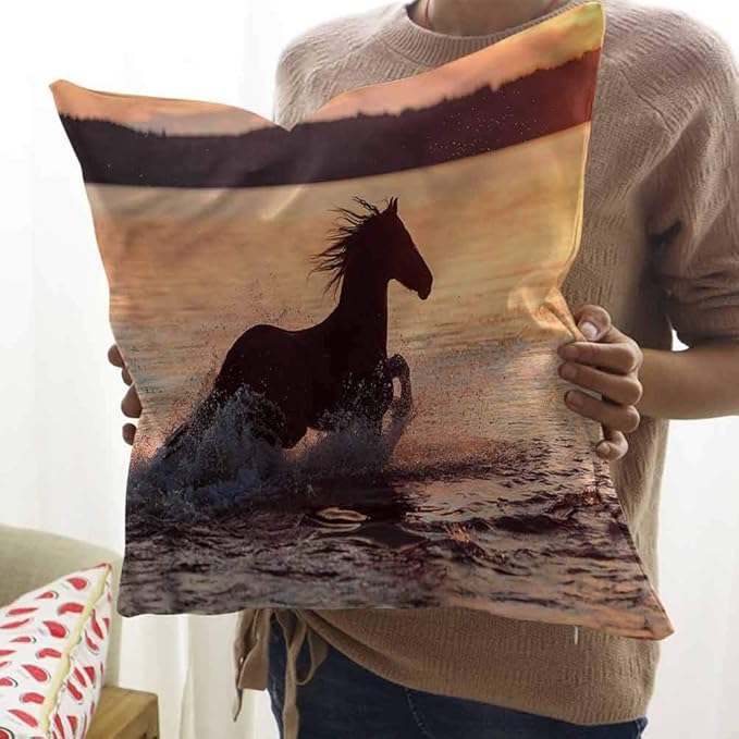 Equestrian Pillow Case Horse Sea at Sunset Throw Pillow