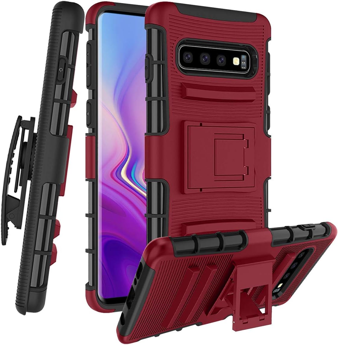 Samsung Galaxy S10 Case W [Built-in Kickstand] Rotatable Combo Holster Phone Belt Clip Shock Absorption Heavy Duty Protective case, PC-Red