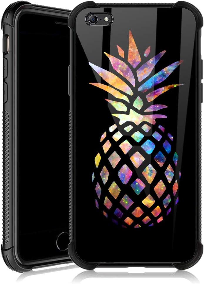iPhone 6s Plus Case,Nebula Pineapple iPhone 6 Plus Cases for Girls,Tempered Glass Back Cover Anti Scratch Reinforced Corners Soft TPU Bumper Shockproof Case for iPhone 6/6s Plus Starry Color Pineapple
