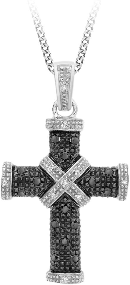 Gold 9 ct White Gold 0.25 ct Black and White Diamond Cross Pendant on Adjustable Curb Chain Necklace of 46 cm/18 inch