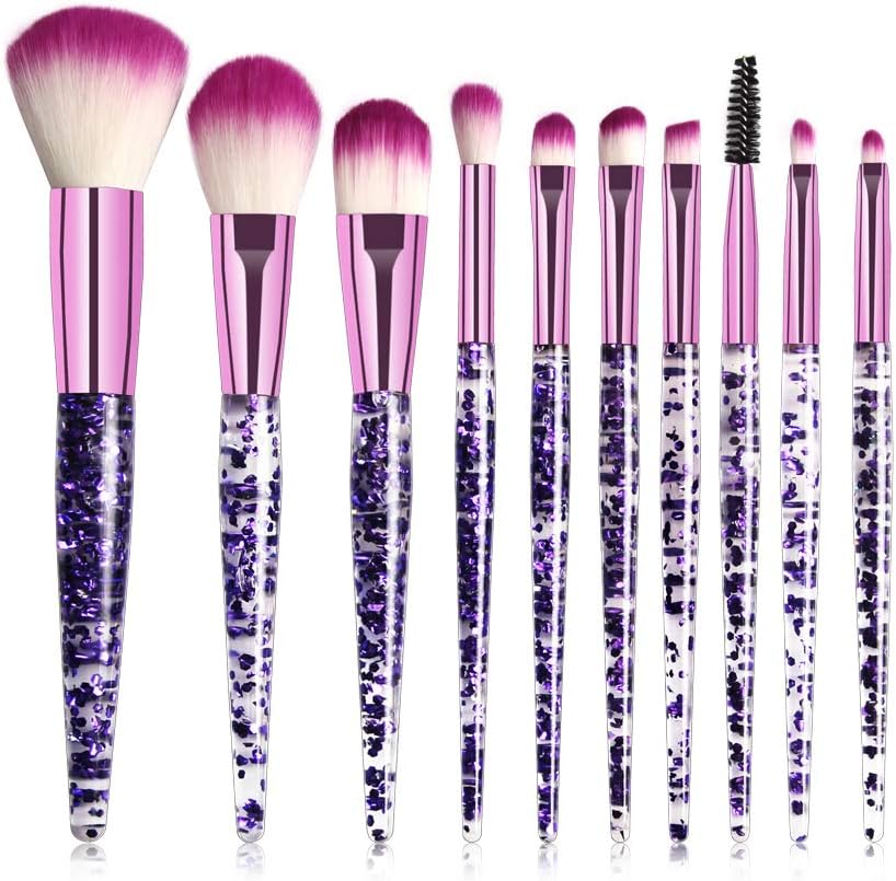 Jam Lee Makeup Brushes Set 10pcs Shiny Crystal Handle Soft Nylon Bristles Kabuki Makeup Brush Cosmetic Brushes Eyeshadow Eyeliner Blush Brushes (Purple)