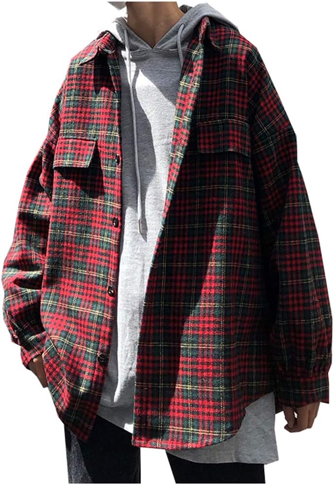 LifeHe Mens Women Hip Hop Hipster Long Sleeve Oversize Plaid Shirts Streetwear