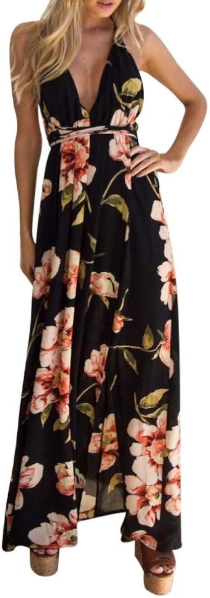 sexy deep v collar floral printed maxi dress