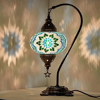 (33 Colors) DEMMEX Turkish Moroccan Mosaic Table Lamp with US Plug & Socket, Swan Neck Handmade Desk Bedside Table Night Lamp Decorative Tiffany Lamp Light, Antique Color Body (20)