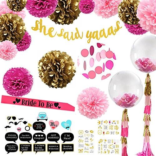 Bachelorette Party Decorations Kit - SHE SAID YAAAS Banner, Pink & Gold Party Pom Poms, Circle Garlands, Photo Booth Props, Bride Tribe Tatoos, BRIDE TO BE Sash, Tassel Confetti Balloons - Great Value