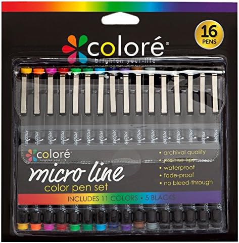 Colore PRECISION Ultra Fine Tip Micro Line Pens – Waterproof &amp; Vibrant Color Inking Pen Set With Variety Nib Sizes (16 Pack)