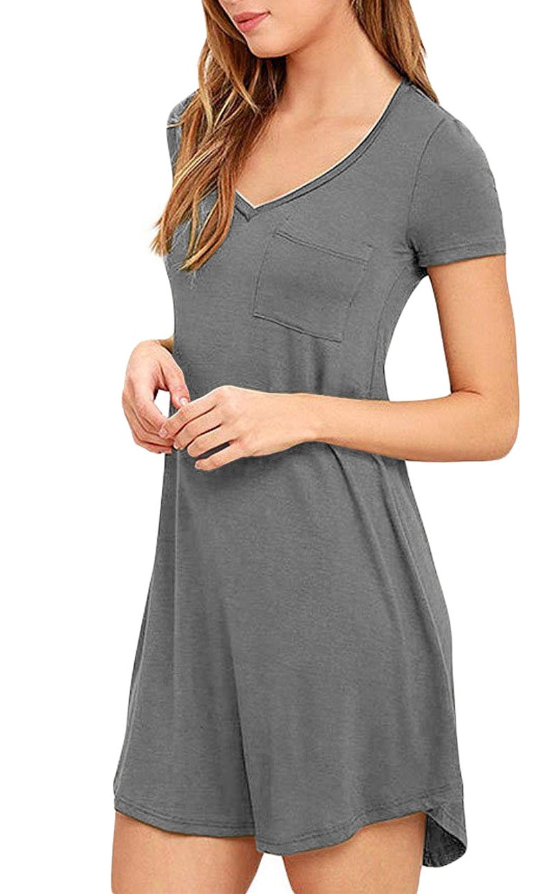 Eanklosco Womens Casual Short Sleeve Plain Pocket V Neck T Shirt Tunic Dress (Grey, L)