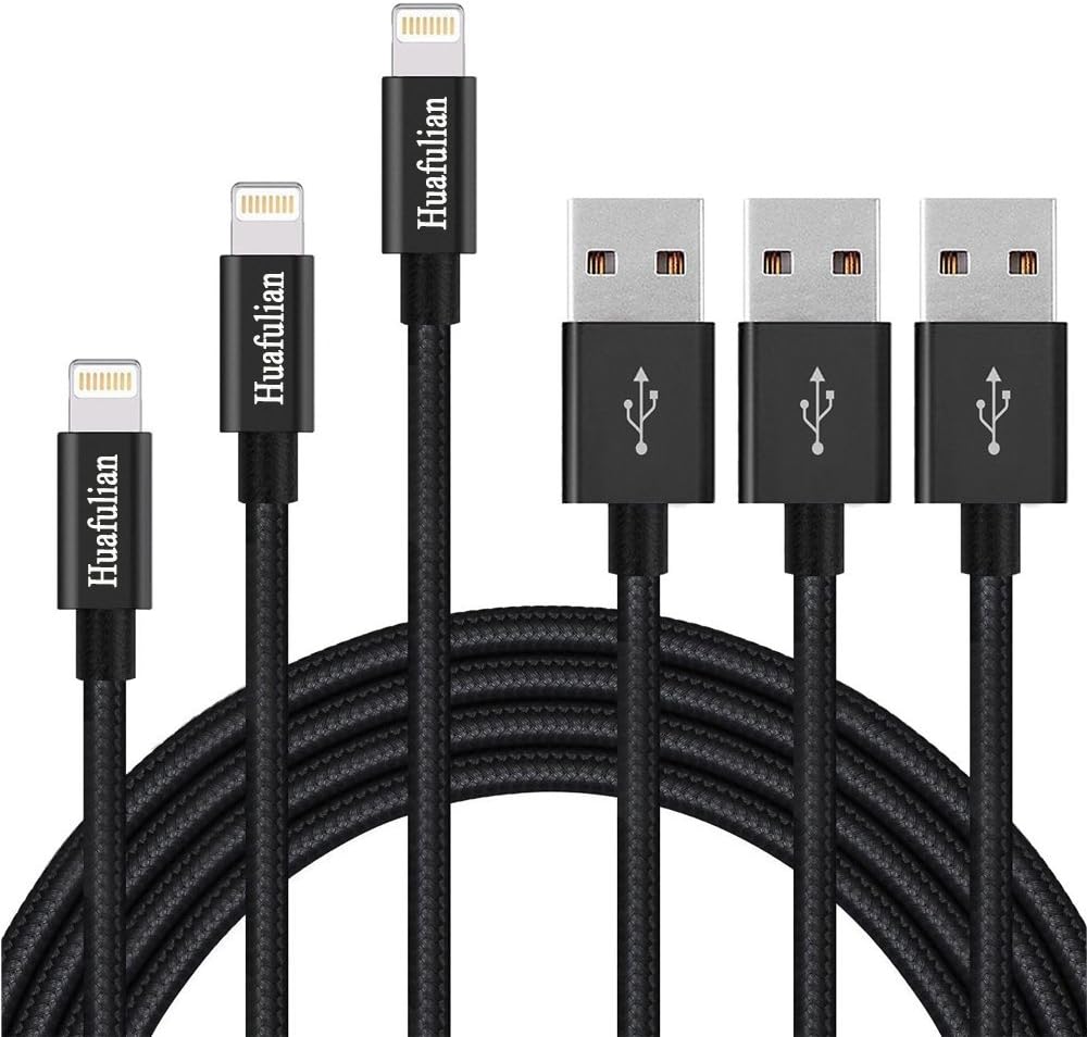 Huafulian Petrel S20 Nylon Braided Lightning to USB Cable for iPhone 7/7 Plus/6S/6S Plus/Se/5S/5/iPad/iPod Nano 7 and More - Black - 3 Piece