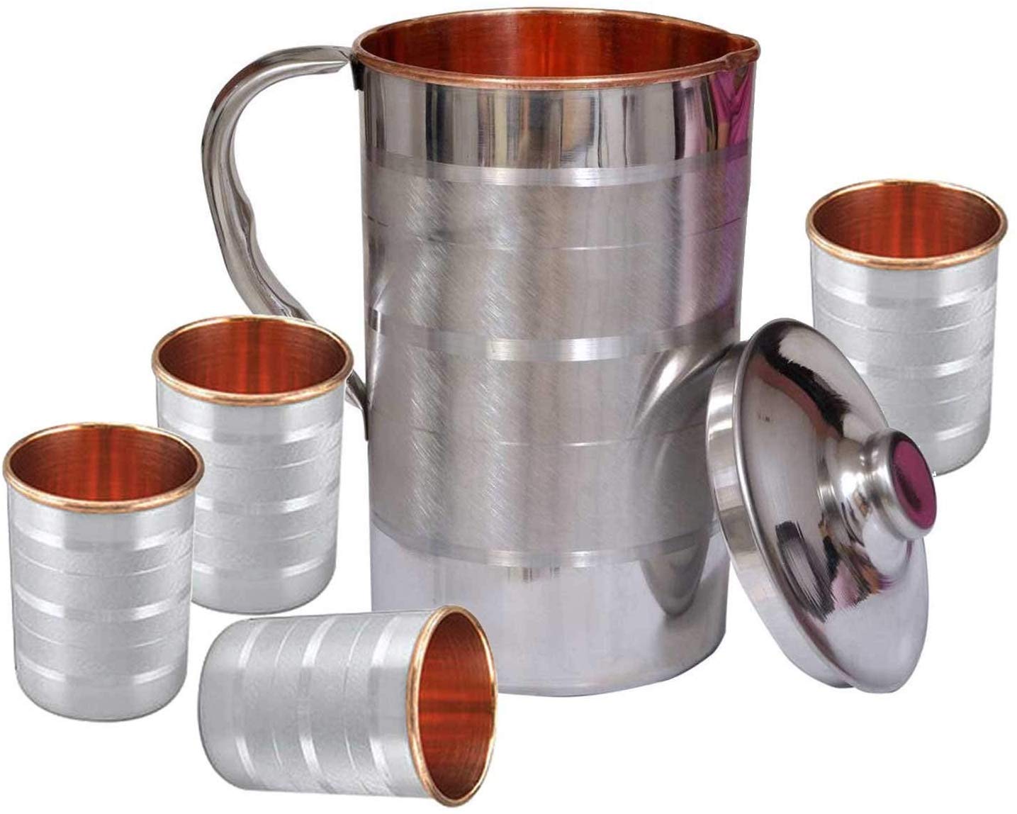 PR INTERNATIONAL Handmade 1500 ML Pure Copper Steel Jug with 4 Copper Steel Glasses (300ml Each)