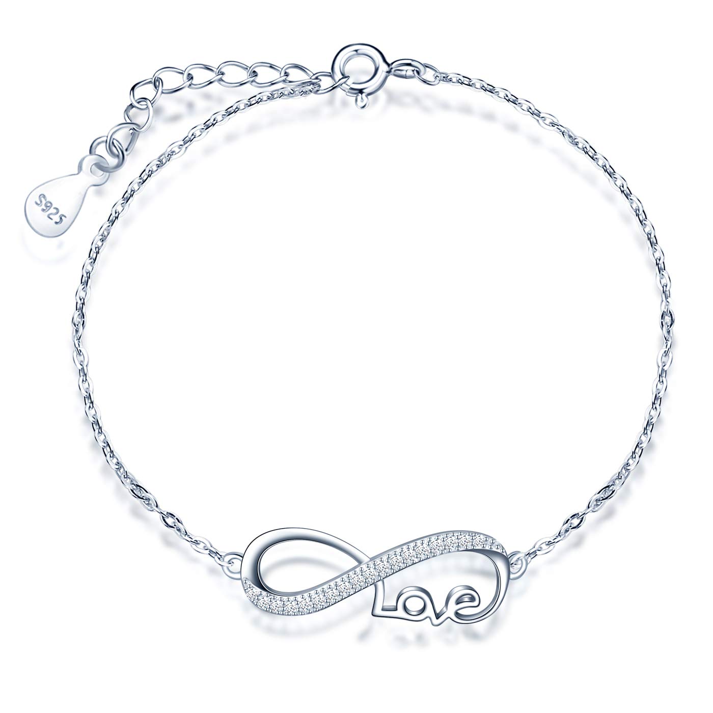 INFINIONLY Women's Girl's 925 sterling silver Bracelet, Infinity symbol and "LOVE" element, Inlaid zircon, silver, Christmas Mother's Day Valentine's Day and Birthday gift