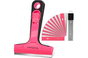THINKLEARN Razor Blade Scraper Tool, 4" Razor Scraper with 20Pcs Replacement Blades, Pink Glass Scraper for Removing Decals, Tint, Stickers, Labels, Caulk, Adhesive from Window, Oven, Stove Top