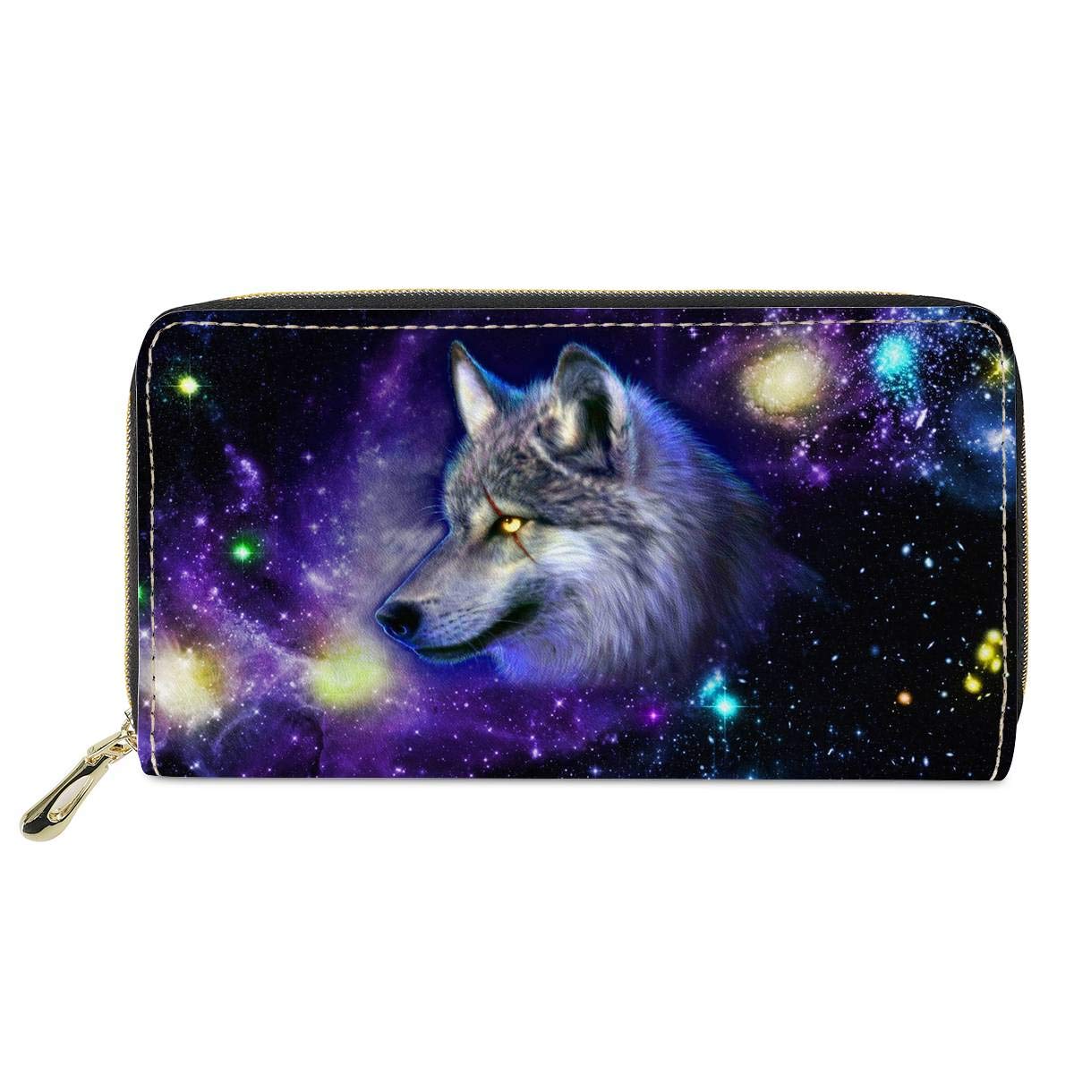 chaqlin Mens Women Ladies Leather Purse Wallets Galaxy Wolf Pattern Fashion Party Banquest Woman Clutch Money Clip Phone Bag with Coin Pocket Large Capacity Durable 4 Card Slots Perfect Gifts