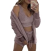 Famnbro Women's Sexy Fuzzy 3 Piece Outfits Fleece Warm Hooded Cardigan Crop Top Shorts Set Pajamas Loungewear