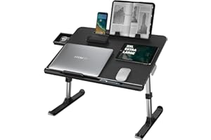 Laptop Desk for Bed, NEARPOW XXL Bed Table for Laptop and Writing, Adjustable Computer Tray Foldable Laptop Stand for Bed or Sofa W/Anti-Slip Faux Leather,Removable Stopper, Book Stand & Drawer Black