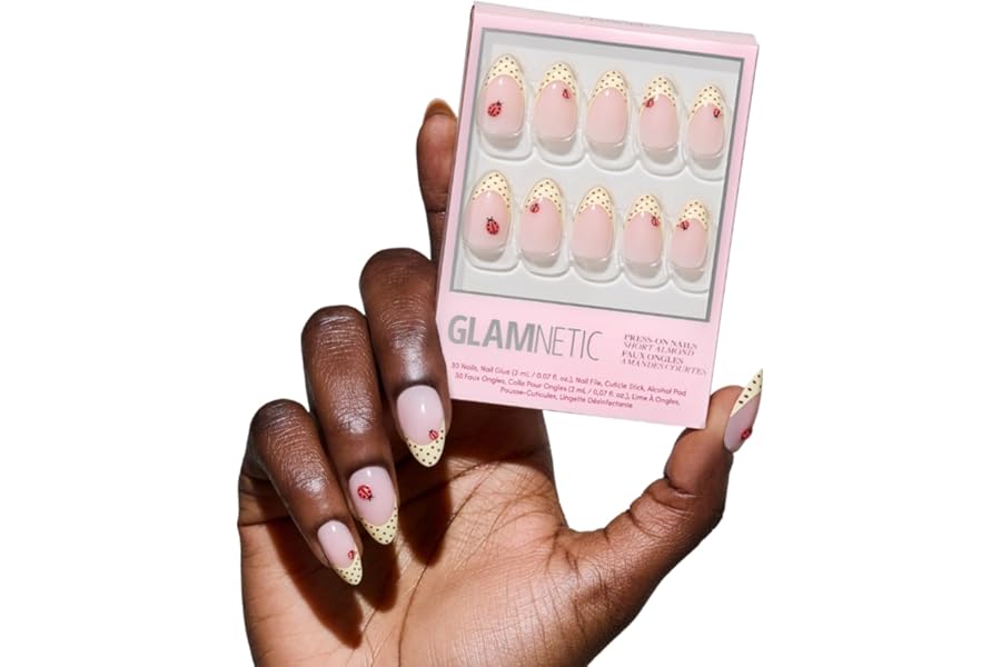 Glamnetic Press On Nails - Short Almond Fake Nails with Polka Dot French Tips & Ladybugs | Salon Quality Summer Nails | Lady Luck | 15 Sizes - 30 Nail Kit with Glue