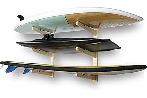 LINGVUM Surfboard Wall Mount Surfboard Rack for Wall Surfboard Storage Racks for Longboards Shortboards Wakeboard Kiteboard and Snowboards, 3 Boards Display Works Indoor and Outdoor