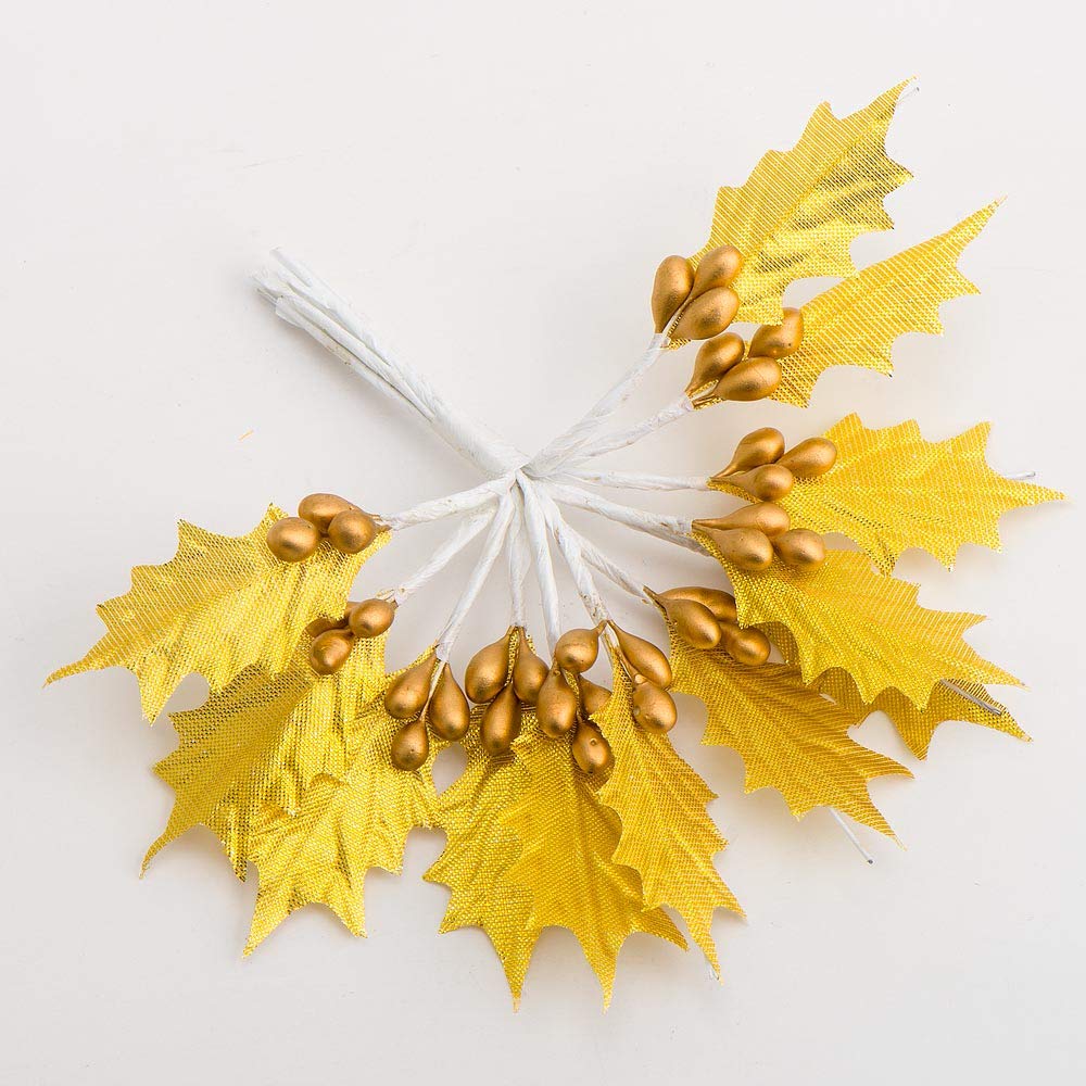 Italian Options Christmas Craft Flowers - Gold Holly Leaves with Gold Berries (Pack of 144 pcs)