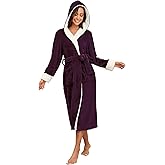 RONGTAI Womens Plush Fleece Hooded Bathrobe, Thick Nightgown Long Robe Sleepwear with Two Side Pockets and Belt