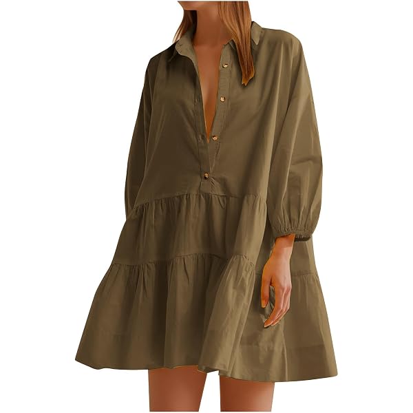 XUNRYAN Fall Dresses For Women – Casual Button-Down Shirt Dress With Long Sleeves & Ruffle Tiered Hem