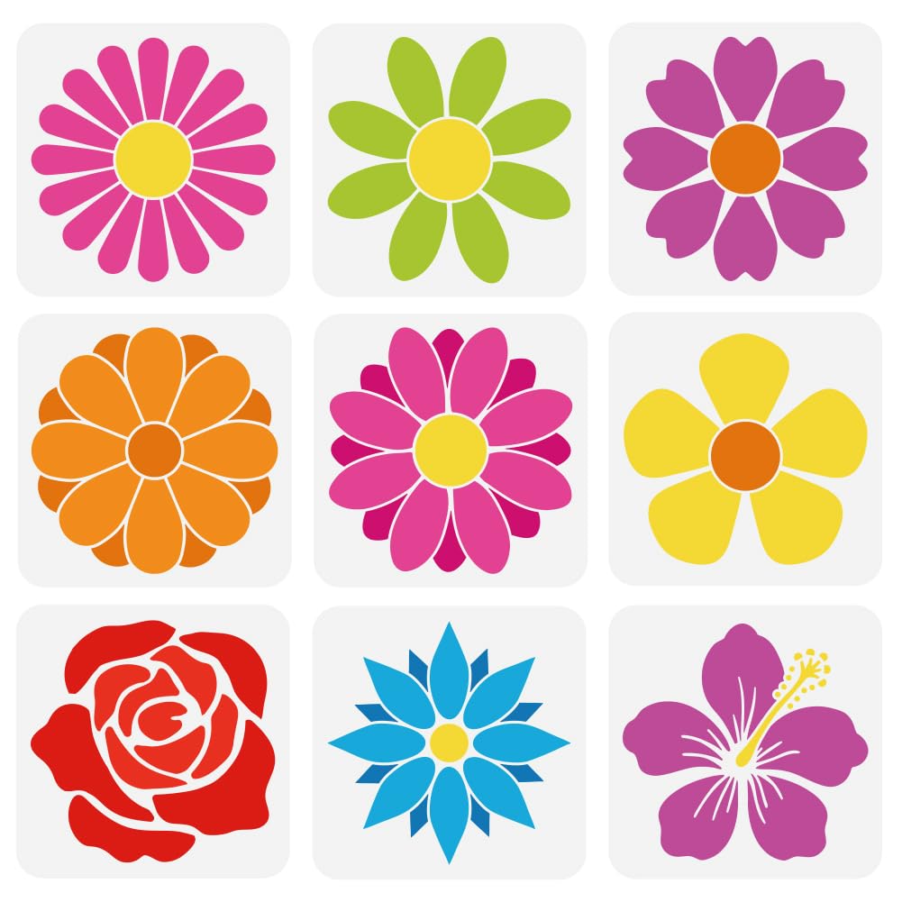 FINGERINSPIRE 9PCS Large Flowers Stencils - 20x20cm Plastic PET Rose Daisy Petals Drawing Templates for Painting on Wood Fabric