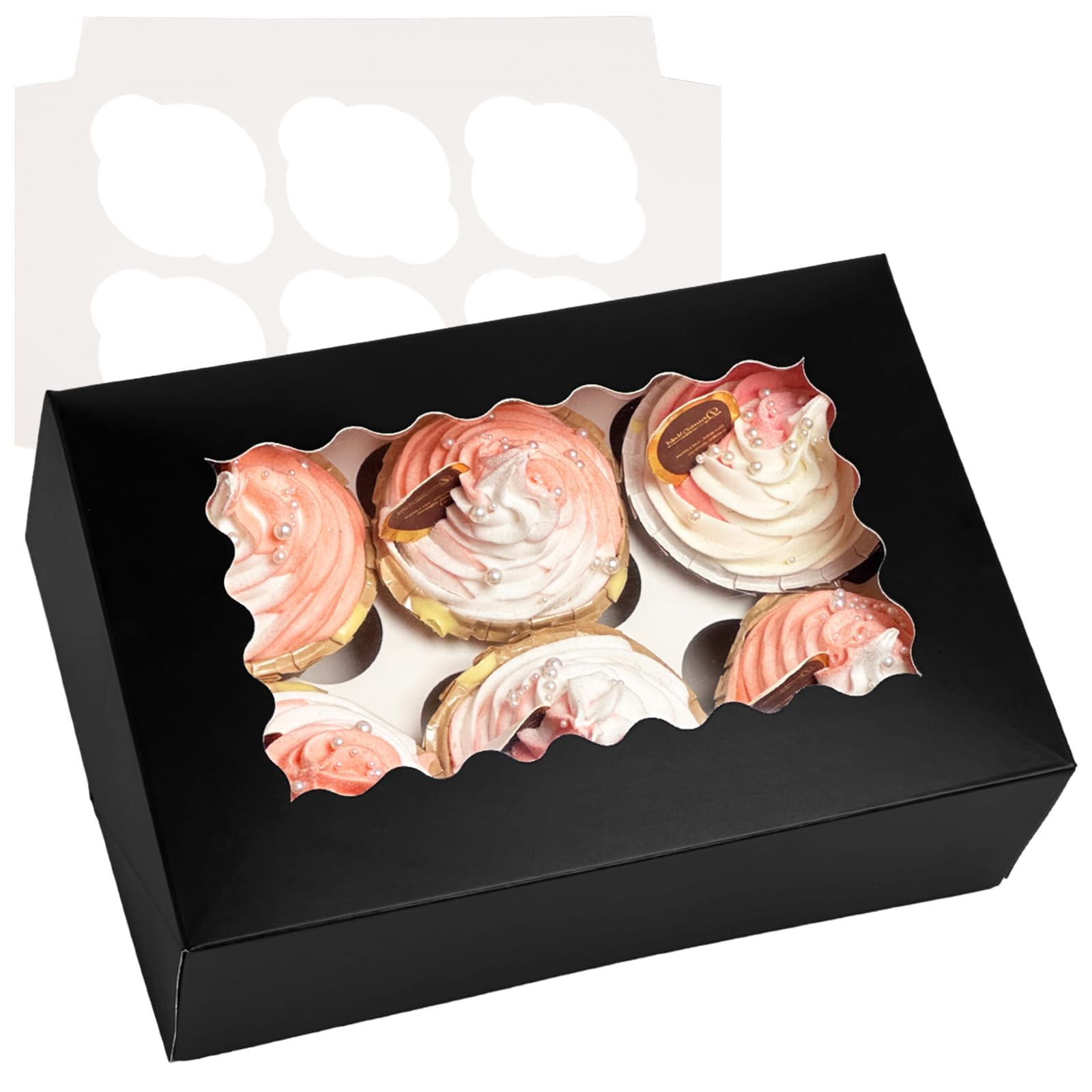 Gcardist Auto-pop Up 6 Cupcake Boxes with Window Black 12 Packs Cupcake Box 23.87x15.49x7.62cm Bakery Boxes For Cupcakes Carrier, Cupcake Containers (9.4x6.1x3 inch)