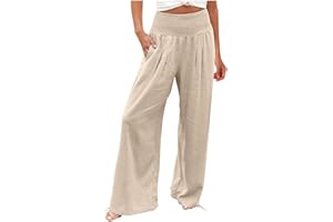 Womens Linen Pants 2026 Summer Beach Vacation Boho Wide Leg Pants Fashion High Waist Casual Flowy Palazzo Trousers