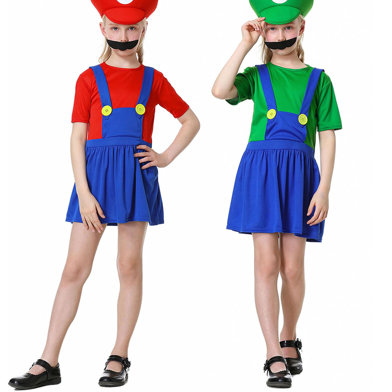 YUUGYD Super Brothers Fancy Dress Outfit Costume with Bodysuit, Cap and Beard, Carnival Halloween Cosplay Costume Adult Kids Unisex Men Lady Teens, Girl Green, S