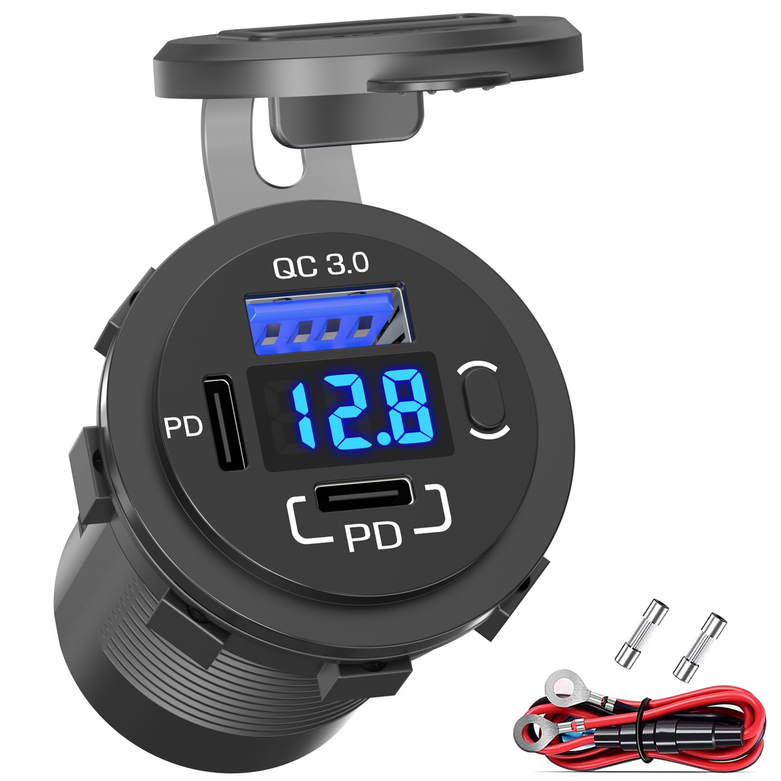 12V USB Outlet Qidoe USB C Car Charger Socket Dual PD 30W and 18W QC3.0 Port Car Socket with Voltmeter Button Switch Lengthened Waterproof USB Power Outlet for Boat Marine RV Vehicle