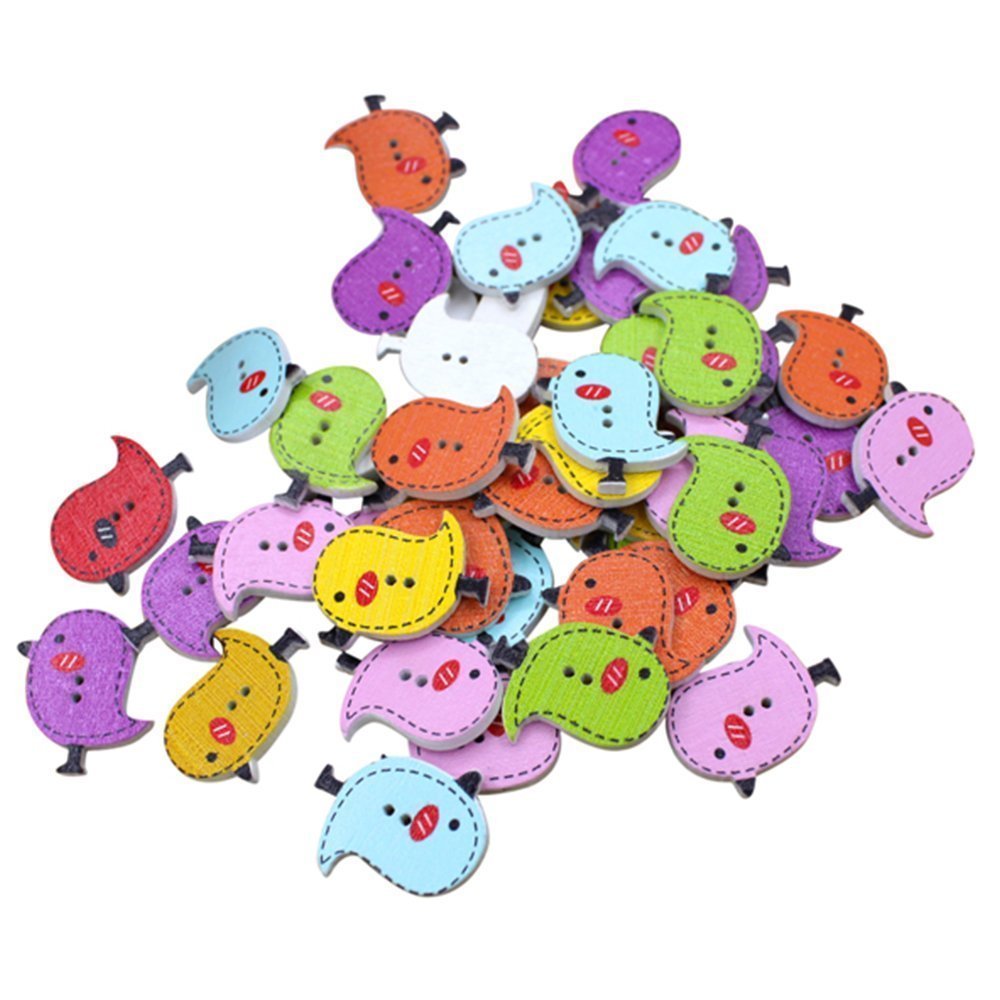NAMVO 100pcs Multicolored Cartoon Animal 2 Holes Wood Sewing Buttons-Chicken