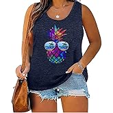 Women's Plus Size Summer Pineapple Sunglasses Tank Tops Hawaiian Graphic Printed Tees Sleeveless Vacation T Shirt Blouse Top