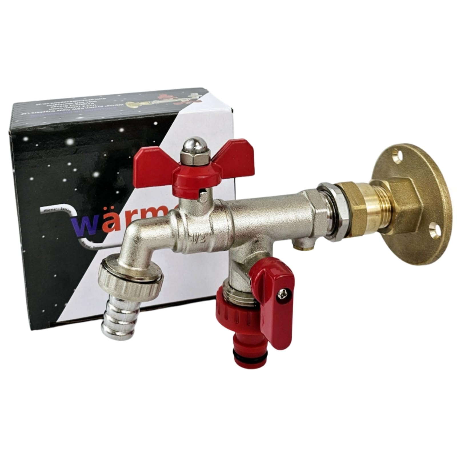 Wärmer System Double Outlet Outside Tap with Check Valve and Through The Wall Wallplate Flange Adaptor, 1/2 x3/4 x3/4 Garden Tap