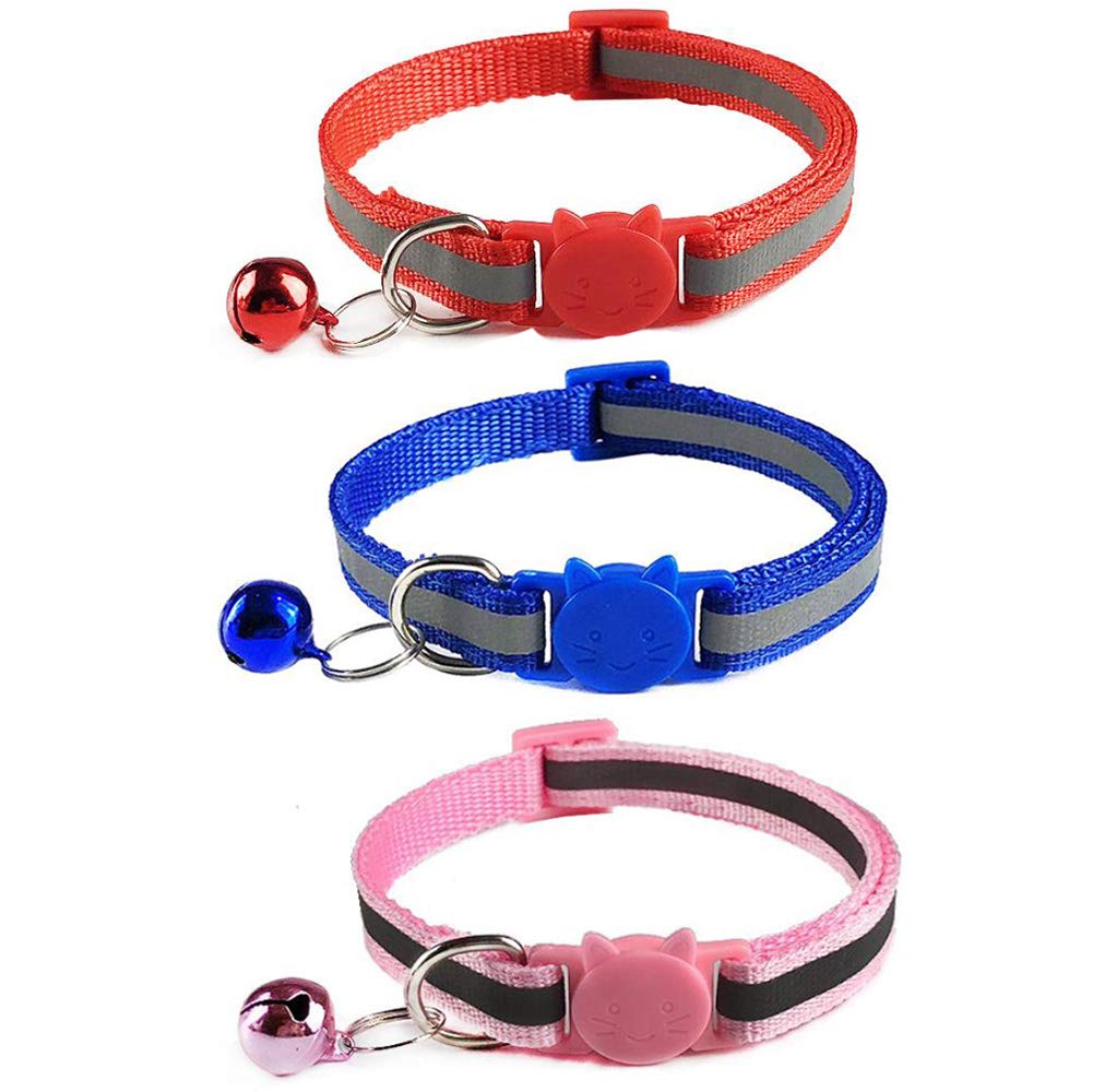 Tafeiya 3 Pcs Cat Collars,Reflective Design,Adjustable,More Safety Quick Release Safety Buckle with Bell (Multi-colored)