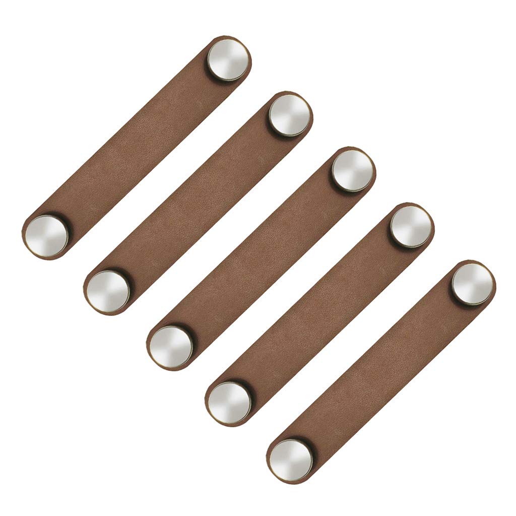 POFET 5pcs Nordic Wardrobe Cabinet Door Handle Soft PU Leather Door Handles for Cupboard Drawer Pull Knobs Furniture Hardware(26 x 140mm)- Brown