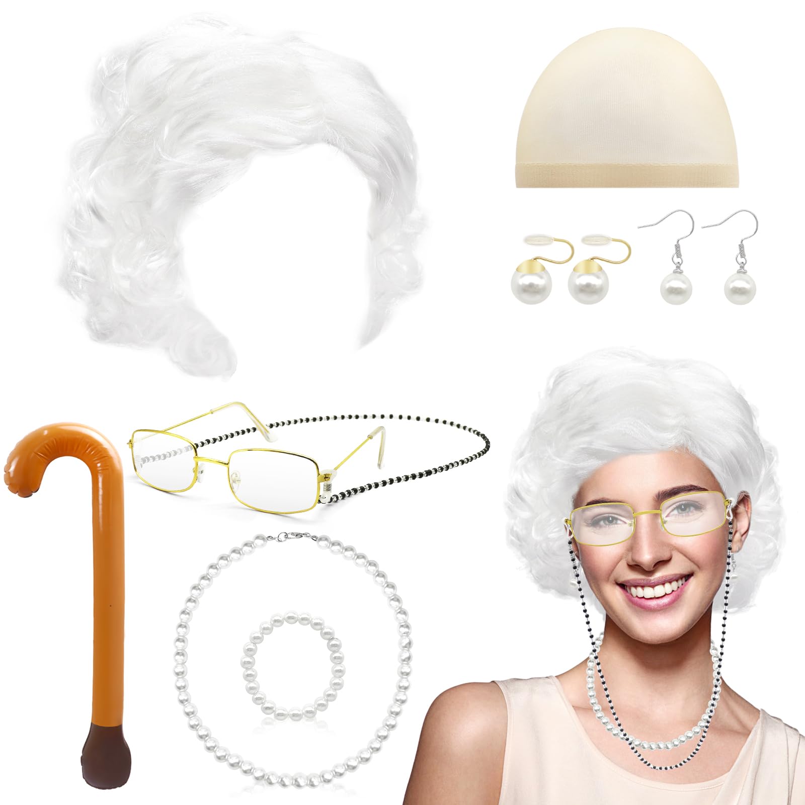 GLGHMH 10pcs Old Lady Costume Set, Grandma Wig Cap Including Glasses Pearl Earring Bracelet Necklace Inflatable Walking Stick, Grandmother Fancy Dress Costume for Christmas Halloween World Book Day
