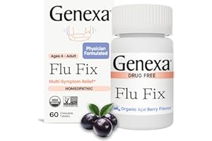 Genexa Flu Fix | Multi-Symptom Flu Remedy for Kids & Adults | Relieves Aches, Fever, Congestion | Acai Berry Flavor | Organic & Non-GMO | Homeopathic Remedy Made Clean | 60 Chewable Tablets, Ages 4+​