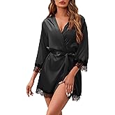 ESKTJH Women's Silk Robe Short Sexy Lace Bride Party Satin Bathrobe Kimono Sleepwear