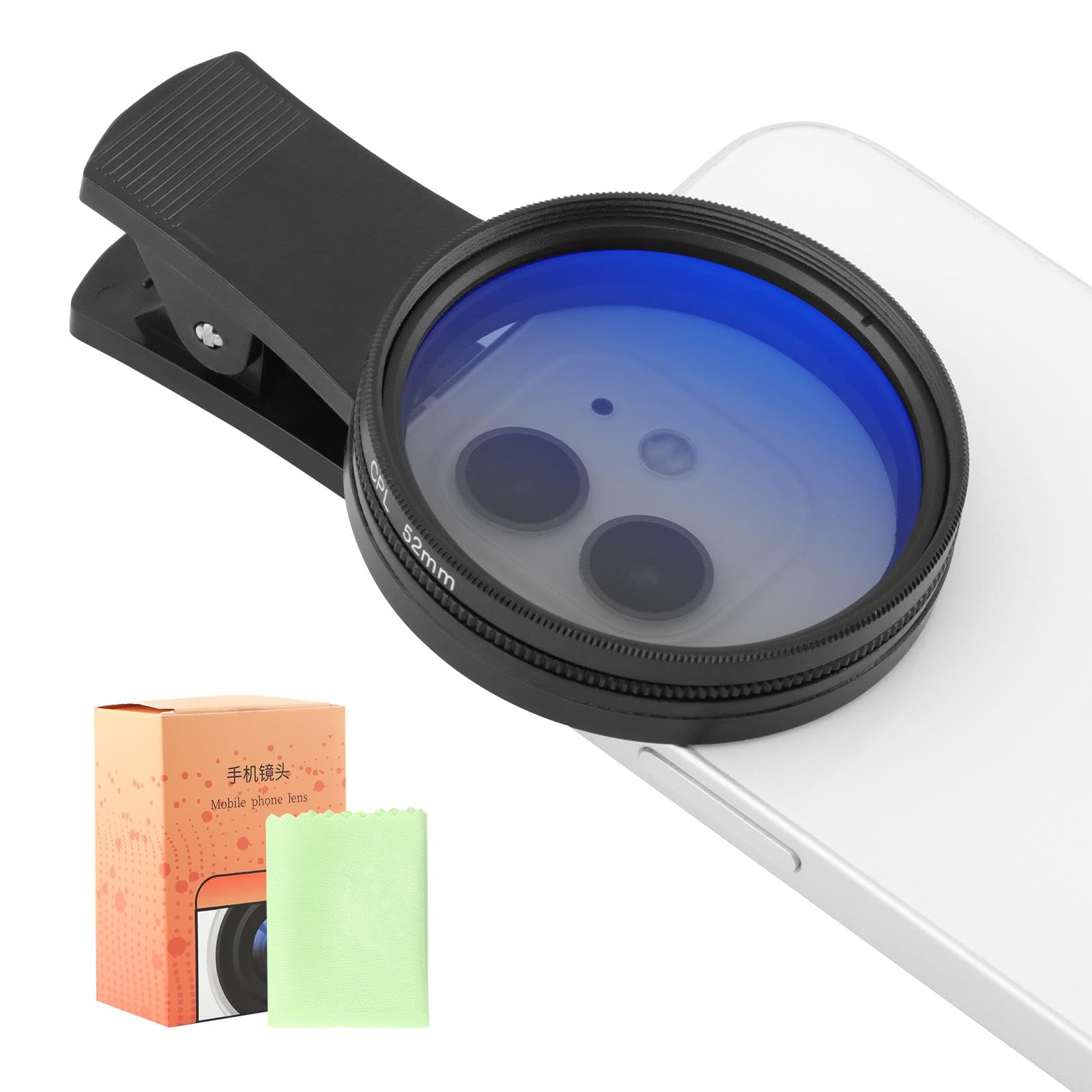 52MM Clip-on CPL Phone Camera Lens Filter Kit, Universal Clip On Polarizer Phone Camera Lens Accessories Ultra Slim Phone Camera Lens Filter with Cleaning Cloth Works With Most Smartphones(Black)