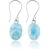 DEVMUKTI Natural Sky-Blue Larimar Gemstone Earrings, 925 Sterling Silver Bohemian Earrings, Handmade Cabochon Jewelry, Dolphin Healing Crystals, Simple Earrings for Women (Approx. 14x10mm)