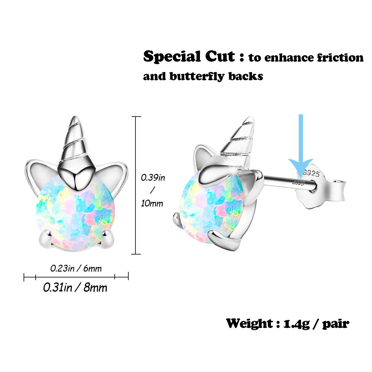 Unicorn Earrings for Girls, Hypoallergenic Fire Opal Stud Earrings ARSKRO S925 Sterling Silver with Gold Mini Tiny Cute Earring Jewelry Gifts for Kids Women