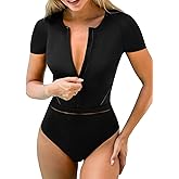 CUPSHE Women's One Piece Swimsuit Rash Guard Short Sleeve UPF 50+ UV High Neck Zipper