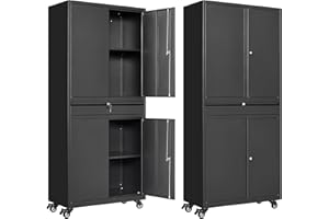 Anxxsu Metal Garage Storage Cabinet with Wheels, 73" Lockable Storage Cabinet with 2 Adjustable Shelves and 1 Drawer for Garage, Utility Room, Warehouse (Black)