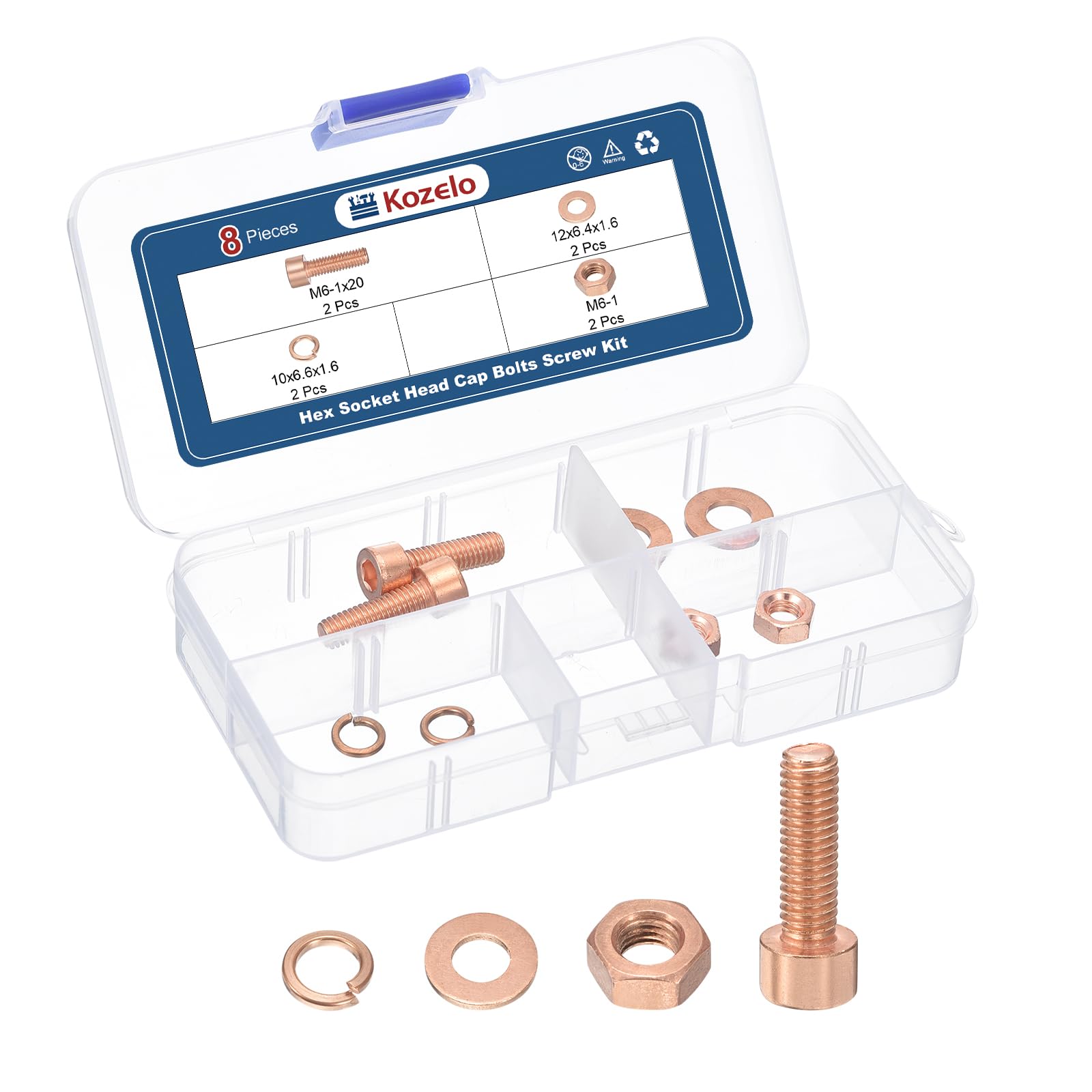 Kozelo 8pcs M6 Socket Head Cap Screws Bolts Nuts Assortment Kit - [M6-1x20mm] Red Copper Fully Threaded Hex Screw for 3D Printer Use
